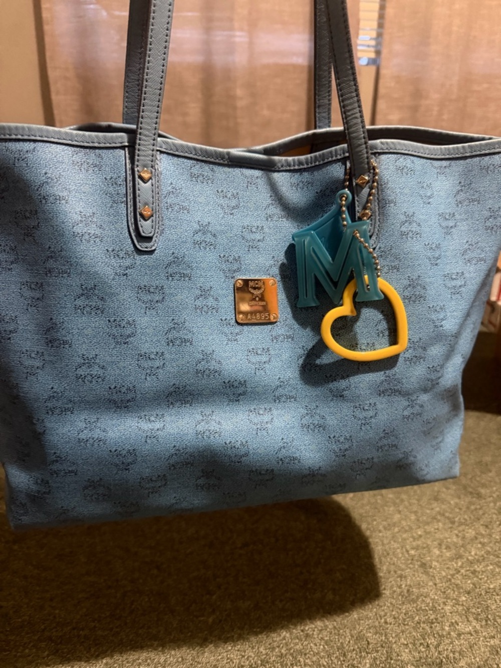 MCM Light Blue Visetos Canvas Tote with Yellow & Teal Charm
